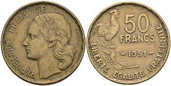 ФРАНЦИЯ 50 ФРАНКОВ 1951 ПЕТУХ KM 918.1, LE FRANC 425.5 алюминиевая бронза 4590-544