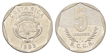 Коста-Рика 5 колонов 1993 год-тип KM 214.3 сталь плакированная никелем 183-944