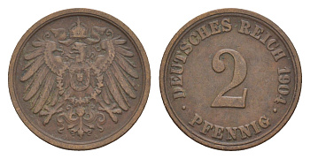 Германия 2 пфеннига 1904 A, Вильгельм II (1888-1918) KM 16, J. 11 бронза 4659-147