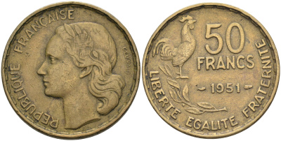 ФРАНЦИЯ 50 ФРАНКОВ 1951 ПЕТУХ KM 918.1, LE FRANC 425.5 алюминиевая бронза 4590-544