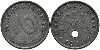 ГЕРМАНИЯ 10 РЕЙХСПФЕННИГОВ 1941 D KM 101, J.371 цинк 95-746
