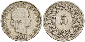 ШВЕЙЦАРИЯ 5 РАППЕНОВ 1901 В KM 26 медно-никель 3955-1122