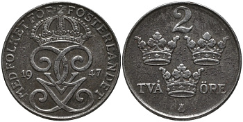 Швеция 2 эре 1947 Густав V (1907-1950) KM 811 железо 63-952