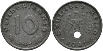 ГЕРМАНИЯ 10 РЕЙХСПФЕННИГОВ 1941 D KM 101, J.371 цинк 95-746