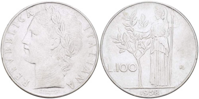 ИТАЛИЯ 100 ЛИР 1958 R, АФИНА KM 96.1 нержавеющая сталь 4526-124