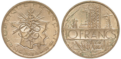 Франция 10 франков 1980 тип Матье KM 940, Le Franc 365.15-16 никель латунь 51-4111