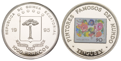 Экваториальная Гвинея 1000 франков 1995 Знаменитые марки - Жан Тэнгли KM 93 медно-никель PROOF 1079-10-51