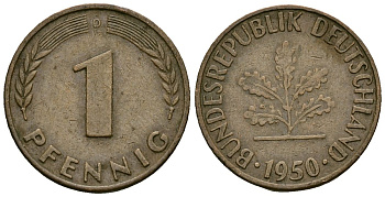 ФРГ 1 пфенниг 1950 D KM 105 сталь плакированная медью 4136-835