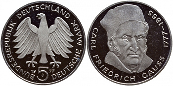 ФРГ 5 МАРОК 1977 J, 200 ЛЕТ СО ДНЯ РОЖДЕНИЯ КАРЛА ФРИДРИХА ГАУССА KM 145, J. 420 серебро PROOF 1520-1331