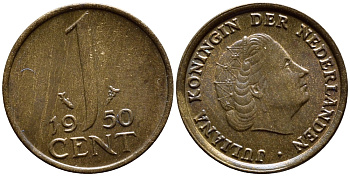 НИДЕРЛАНДЫ 1 ЦЕНТ 1950 ЮЛИАНА KM 180 бронза 4392-1352