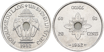 Лаос 20 центов 1952 король Сисаванг Вонг (1904-1959), слоны KM 5 алюминий  aUNC  4367-225