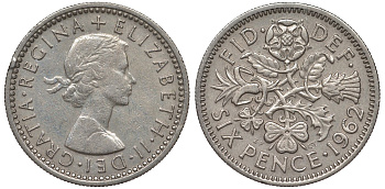 Великобритания 6 пенсов 1962 Елизавета II (1952-2022) KM 903, Spink 4149 медно-никель 4122-624