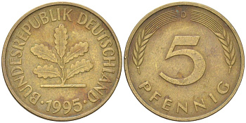 Германия 5 пфеннигов 1995 D KM 107 сталь плакированная латунью 4613-1232