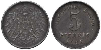 Германия 5 пфеннигов 1919 D KM 19, J. 297, Weege 5 железо 4118-1117