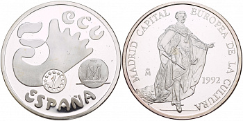 Испания 5 экю 1992 Мадрид, культурная столица Европы, Хуан Карлос I серебро PROOF 1088-10-14