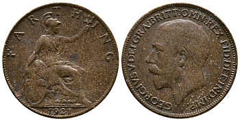 Великобритания 1 фартинг 1921 Георг V (1910-1936) KM 808.2 Spink 4060 бронза 4384-1254