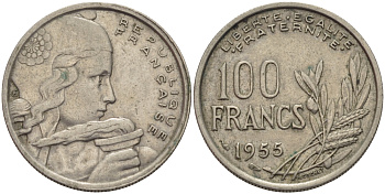 ФРАНЦИЯ 100 ФРАНКОВ 1955 KM 919.1 медно-никель 24-333
