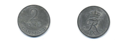 ДАНИЯ 2 ЭРЕ 1963 C; S, ФРЕДЕРИК IX (1947-1972) KM 840.2 цинк 4379-736
