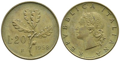 ИТАЛИЯ 20 ЛИР 1958 R ДУБОВАЯ ВЕТВЬ KM 97.1 алюминиевая бронза 4383-1024