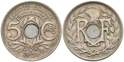 Франция 5 сантимов 1930 KM 875 медно-никель 4596-613