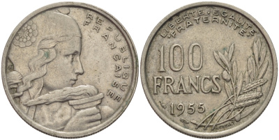 ФРАНЦИЯ 100 ФРАНКОВ 1955 KM 919.1 медно-никель 24-333