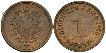 Германия 1 пфенниг 1876 A, Вильгельм I (1871-1888) KM 1, J. 1 медь aUNC 1525-345