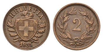 Швейцария 2 раппена 1931 B KM 4.2 бронза 46-919