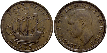 Великобритания 1/2 пенни 1943 Георг VI (1936-1952) KM 844, Spink 4115 бронза 56-1051