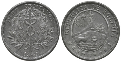 БОЛИВИЯ 10 СЕНТАВО 1942 KM 179а цинк 100-767