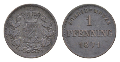 Бавария 1 пфенниг 1871 Людвиг II (1864-1886) KM 856 медь 4649-467