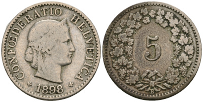 Швейцария 5 раппенов 1898 В KM 26 медно-никель 4608-1014