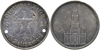 ГЕРМАНИЯ 5 РЕЙХСМАРОК 1935 J, КИРХА KM 83, J. 357 серебро 1515-1613