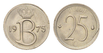 Бельгия 25 сантимов 1975 Belgie, Бодуэн I (1951-1993) KM 154 медно-никель 4617-766