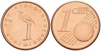 СЛОВЕНИЯ 1 ЕВРОЦЕНТ 2007 БЕЛЫЙ АИСТ KM 68 сталь плакированная медью UNC 214-414