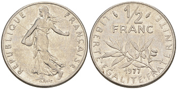 Франция 1/2 франка 1977 сеятель KM 931.1, LE FRANC 198.16 никель 55-1134