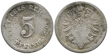 ГЕРМАНИЯ 5 ПФЕННИГОВ 1875 E, СТАРОГЕРБОВКА KM 3, J. 3 медно-никель 39-359