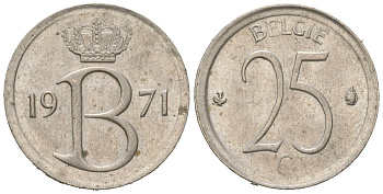 Бельгия 25 сантимов 1971 Belgie, Бодуэн I (1951-1993) KM 154.1 медно-никель UNC 261-1158