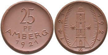 Амберг 25 пфеннигов 1921 Men05#?474.2, Men18#?649.2 фарфор UNC 1085-5-22