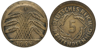 Германия 5 рентенпфеннигов 1924 F, БРАК, СМЕЩЕНИЕ KM 32 алюминиевая бронза 92-822