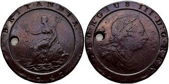 Великобритания 2 пенса 1797 Георг III (1760-1820), большой формат, отверстие KM 619, Spink 3776 медь 179-1213