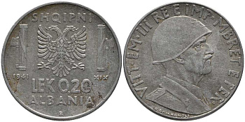 Албания 0,20 лека 1941 R, Итальянская оккупация KM 29 нержавеющая сталь 113-717