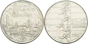 Финляндия 10 марок 1971 S-H, X Чемпионат Европы по легкой атлетике KM 52 серебро 4558-323