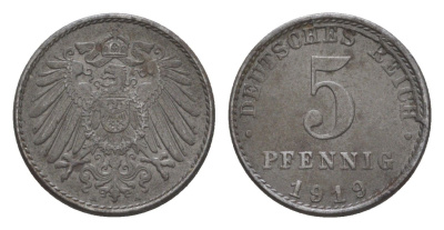 Германия 5 пфеннигов 1919 A KM 19, J. 297 железо плакированное цинком 4644-1119