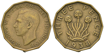 Великобритания 3 пенса 1938 Георг VI (1936-1952) KM 849, Spink 4112 никель латунь 4163-623