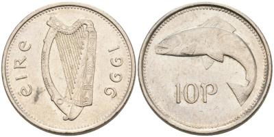 Ирландия 10 пенсов 1996 лосось KM 29 медно-никель 4561-1241