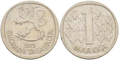 ФИНЛЯНДИЯ 1 МАРКА 1975 S KM 49а медно-никель 3718-1027