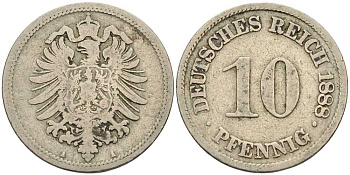 ГЕРМАНИЯ 10 ПФЕННИГОВ 1888 A, СТАРОГЕРБОВКА KM 4, J. 4 медно-никель 4401-326