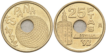 Испания 25 песет 1992 золотая башня в Севилье, EXPO 1992, Хуан Карлос I (1975-2014) KM 905 никель-бронза 4582-632