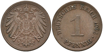 Германия 1 пфенниг 1905 A KM 10, J. 10 медь 4567-1214