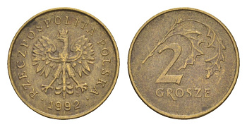 Польша 2 гроша 1992 Y 277 марганец латунь 4625-157